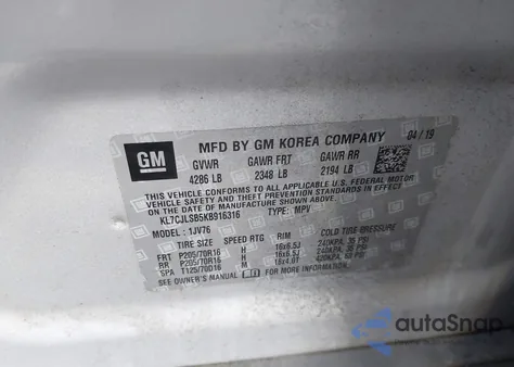 2019 Chevrolet Trax Lt z USA, uszkodzony, nr VIN KL7CJLSB5KB916316